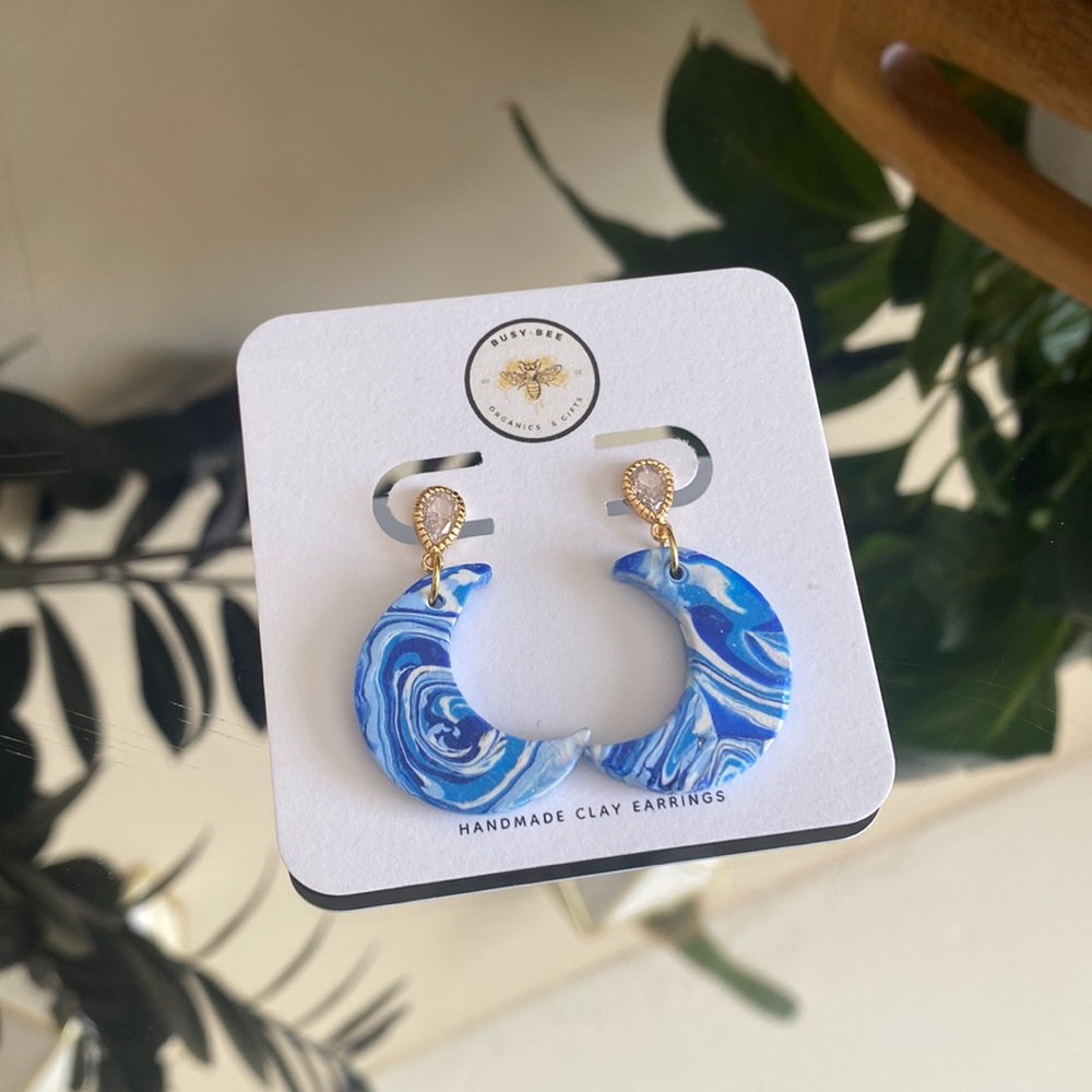 BUSY • BEE BLUE MARBLE MOON CLAY EARRINGS
